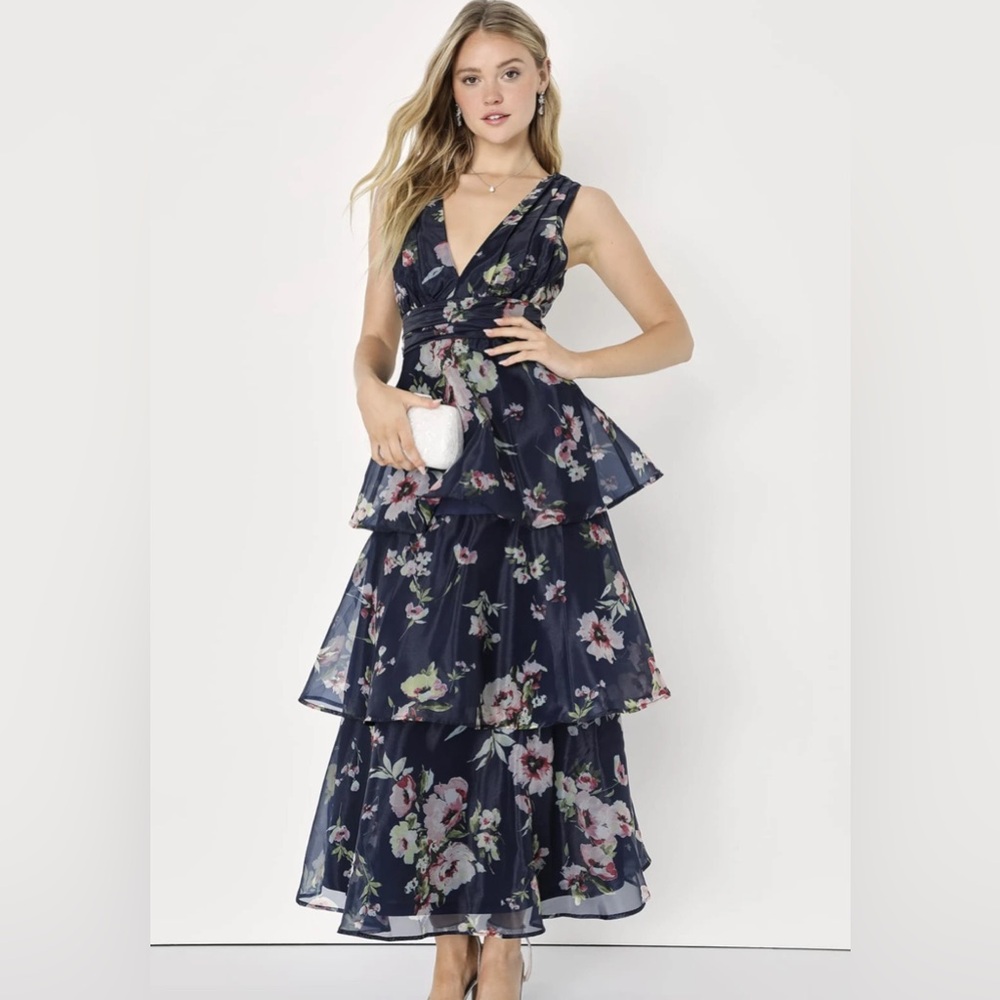 NWT Lulus Molinetto Navy Blue Floral Organza Ruffled Tiered Maxi Dress
